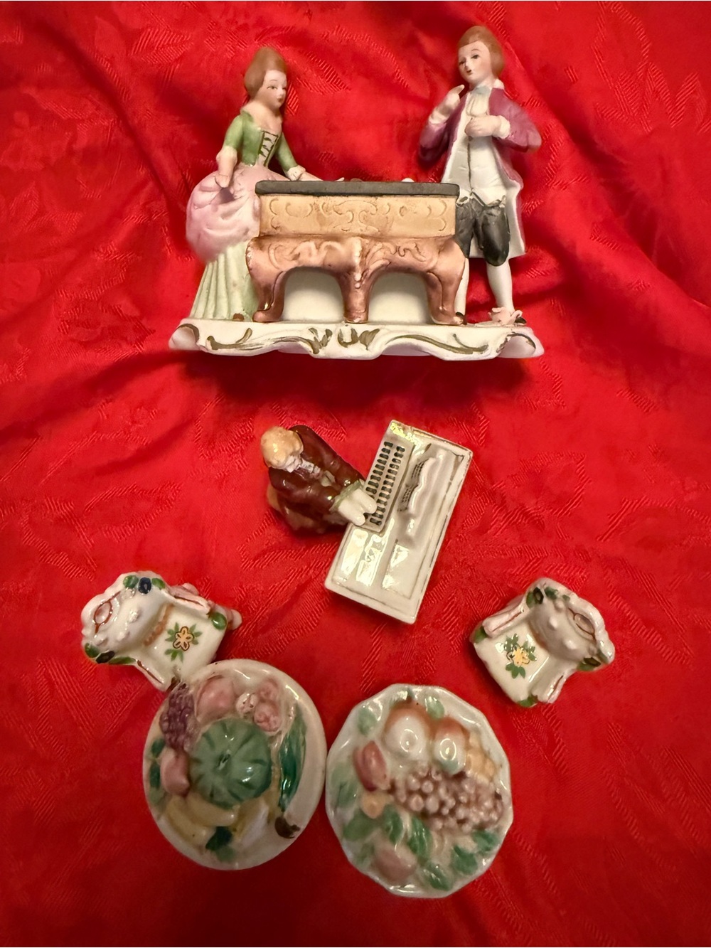 Vintage Porcelain Miniature Figurine and Decorative Dishes - Pink, Green, Cream